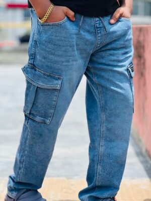 Premium Denim Cargo Pant Blue Mid Wash